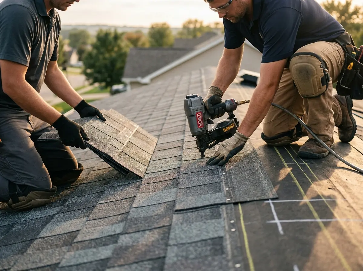 Professional roofer working on a residential roof in Silvis
